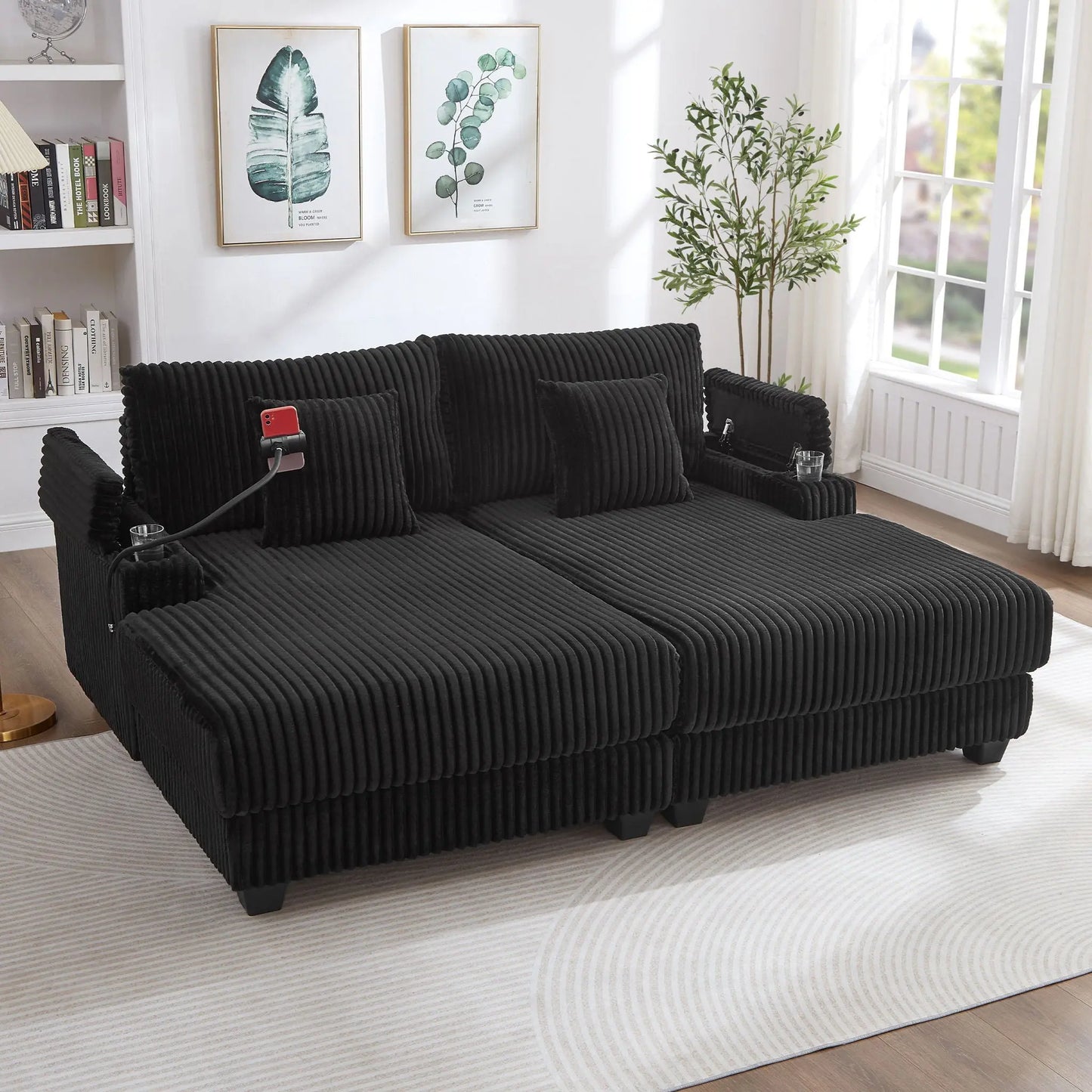 Modern Chaise Sofa With Adjustable Backrest, Cup Holders, Phone Holder & Storage Compartments For Living Room Hearth and Haven