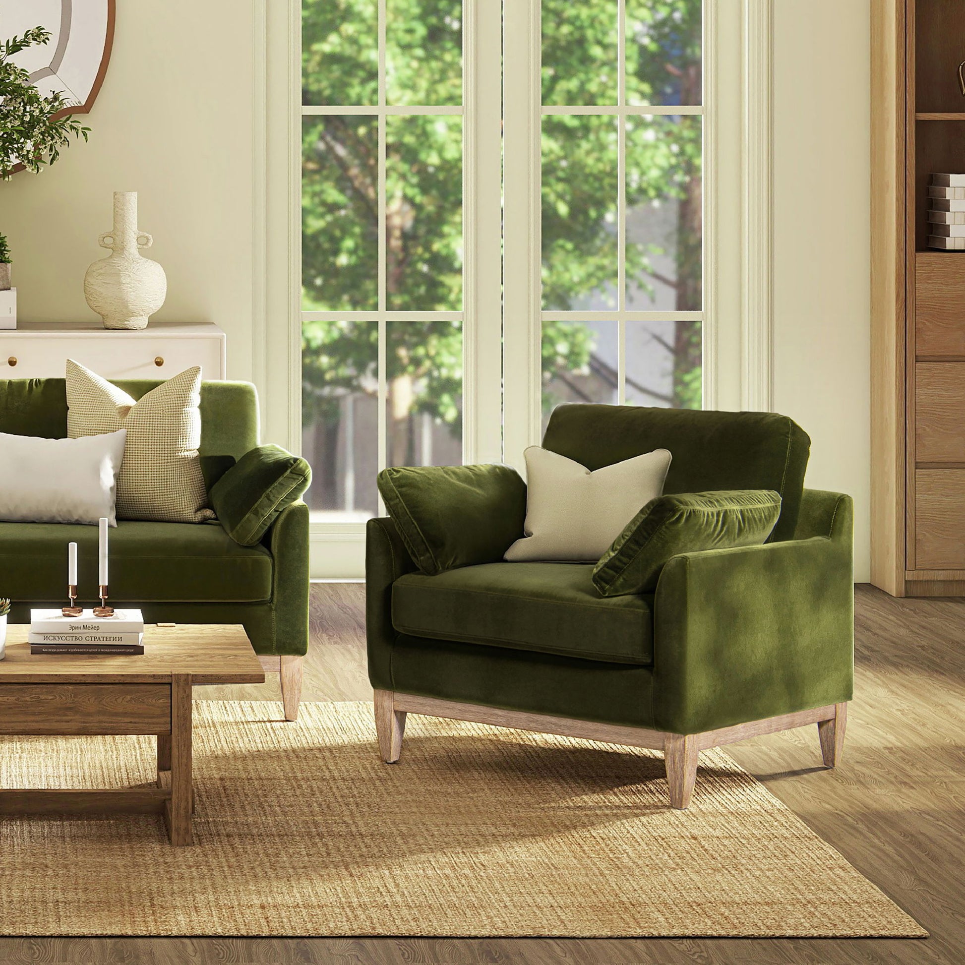 Pasadena - Wide Modern Farmhouse Accent Arm Chair - Olive Green Jennifer Taylor Home