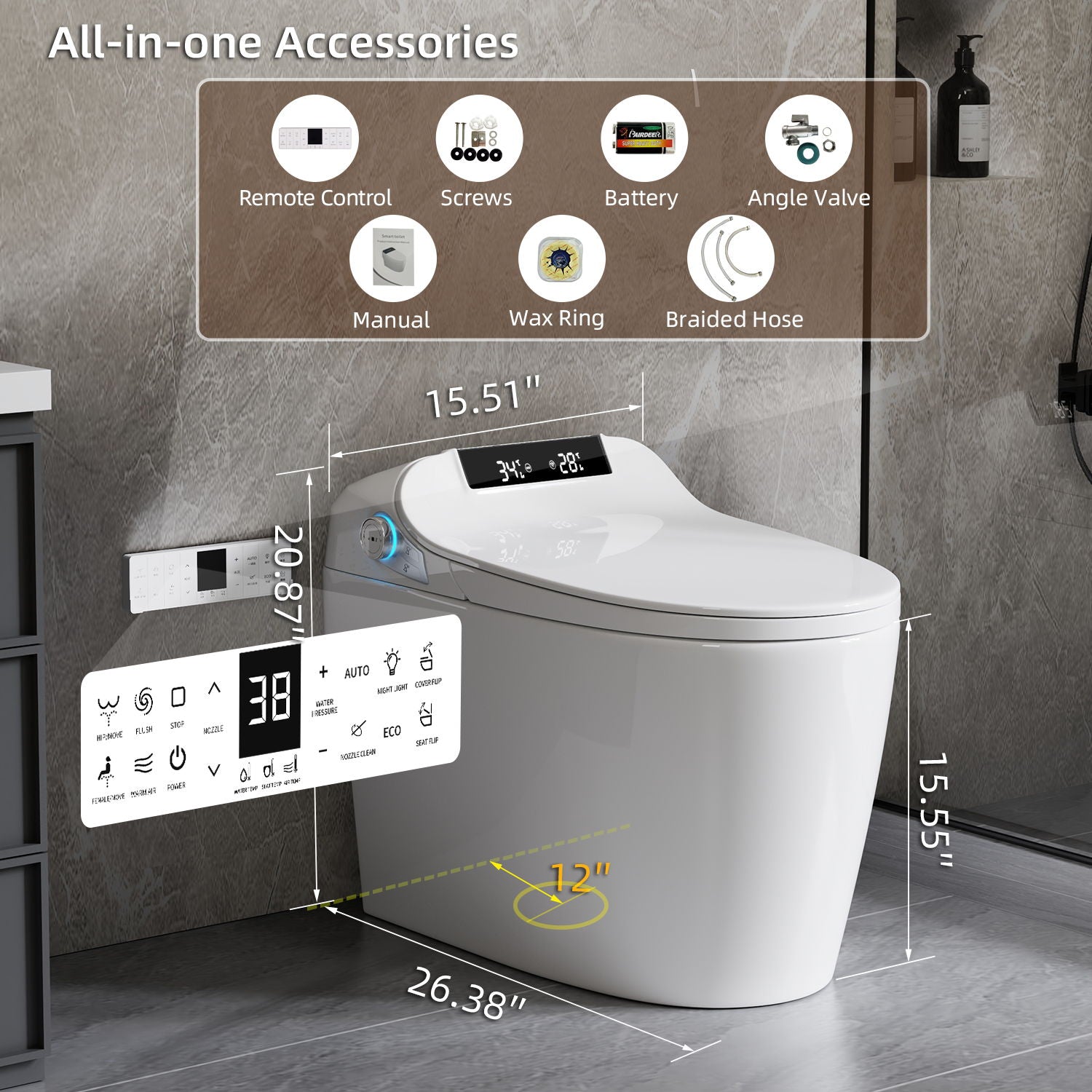 Smart Toilet Bidet Combo With Foot Sensor Open Cover / Seat, Self Cleaning Nozzle, LED Display, Three Level Heated Seat / Airflow, Night Light, Knob Control, Soft Close, Auto Flush, With Remote Control - Gloss White Daily Nest