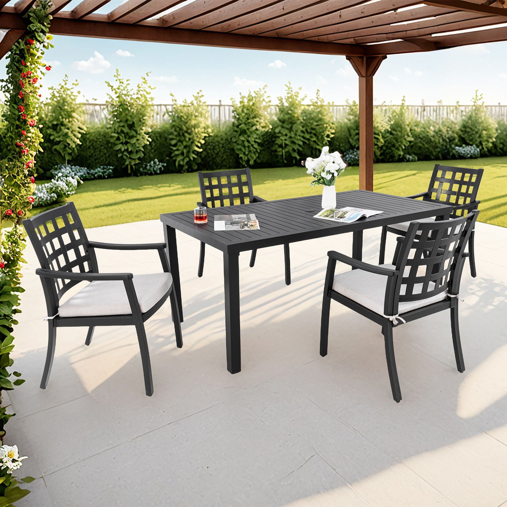 5 Pieces Outdoor Patio Dining Set, Rectangular Table And 4 Stationary Dining Chairs - Ember Black Life Outside
