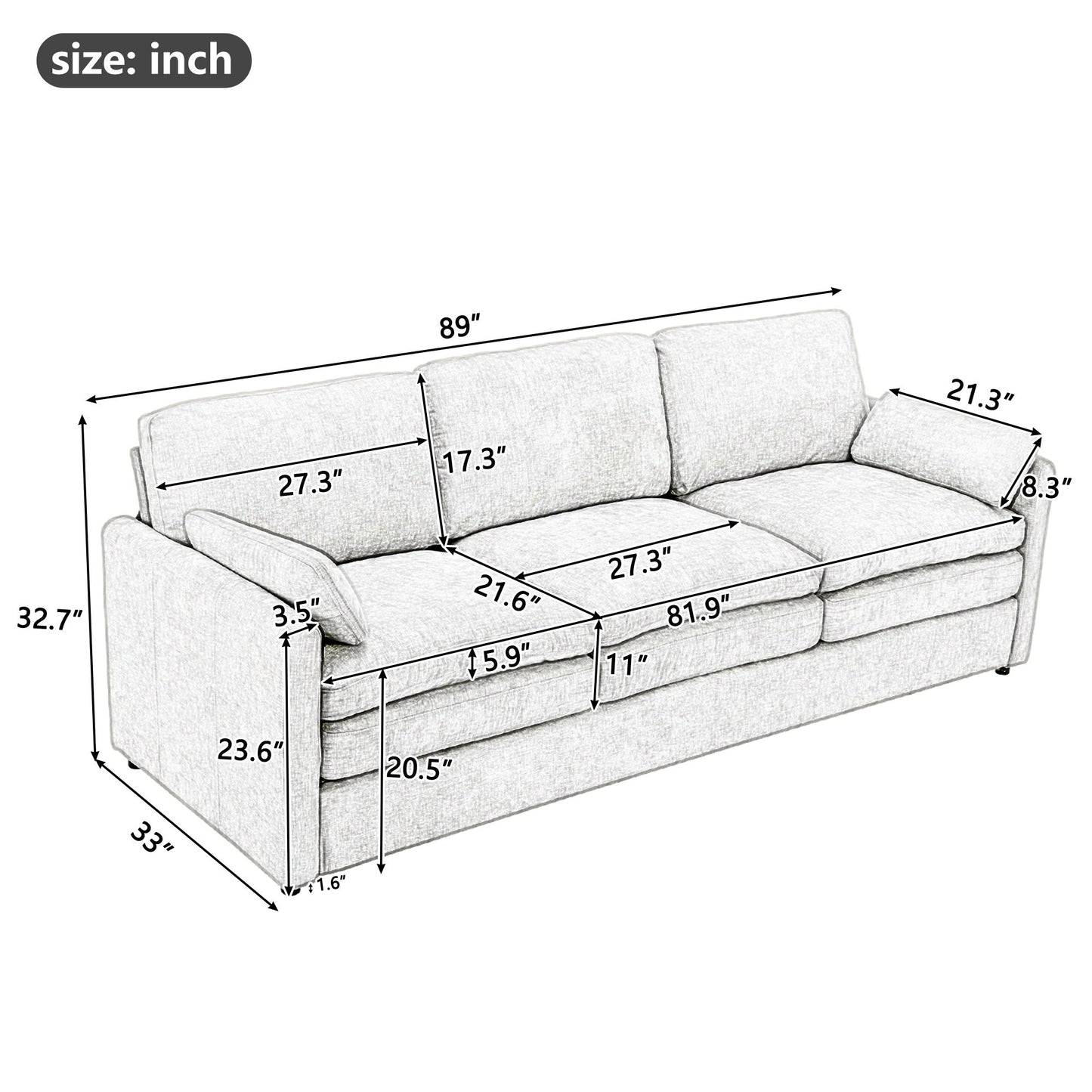Cozy Upholstered 3 Seater Sofa With Double Cushion Hearth and Haven