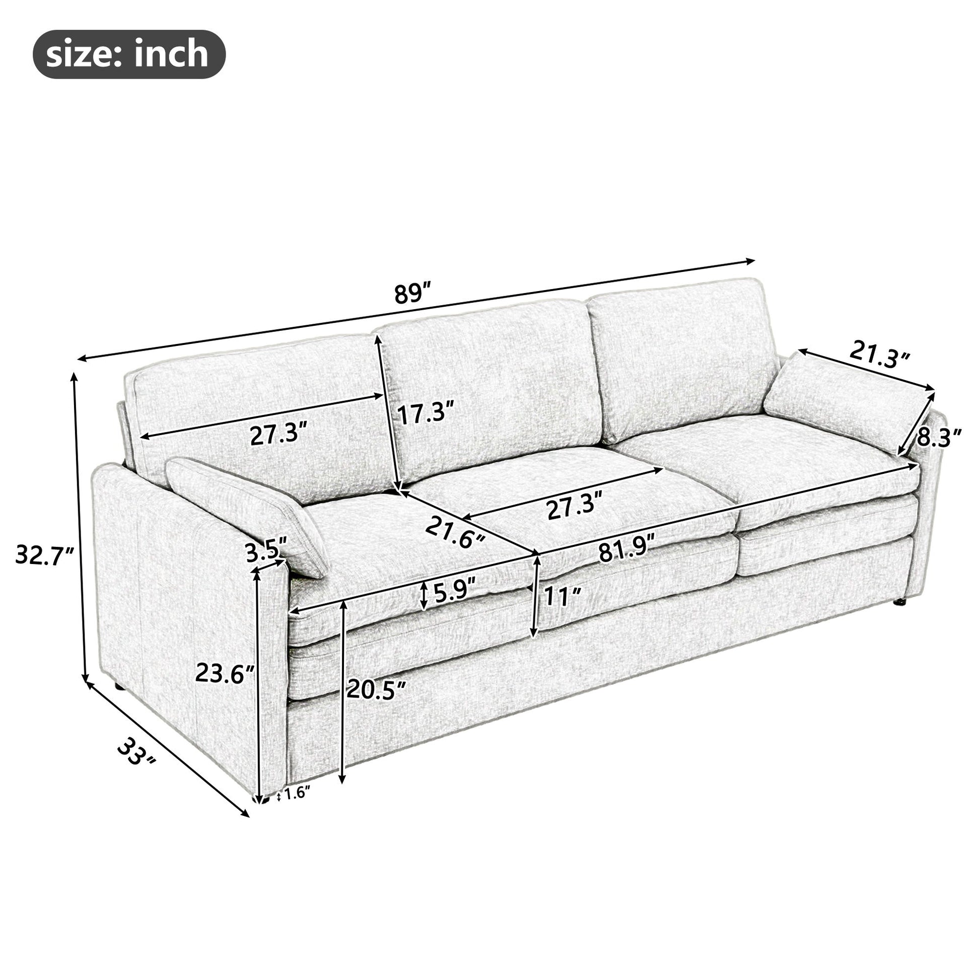 Cozy Upholstered 3 Seater Sofa With Double Cushion Hearth and Haven