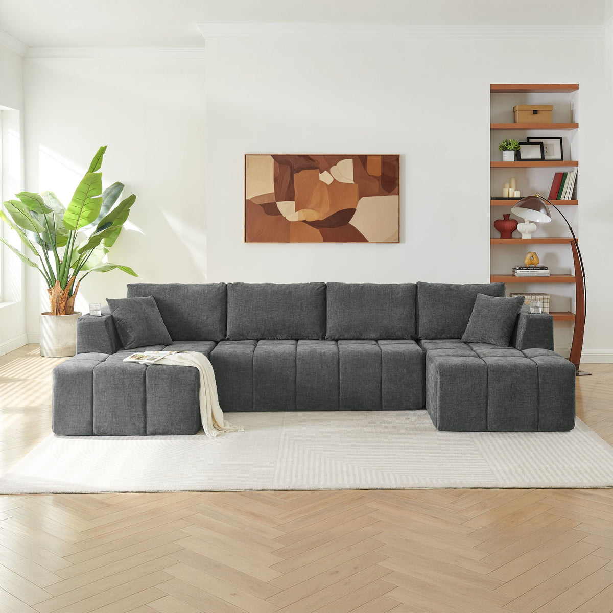 U - Shaped Sectional Sofa, Cup Holders & Side Pockets For Living Room Home Essentials