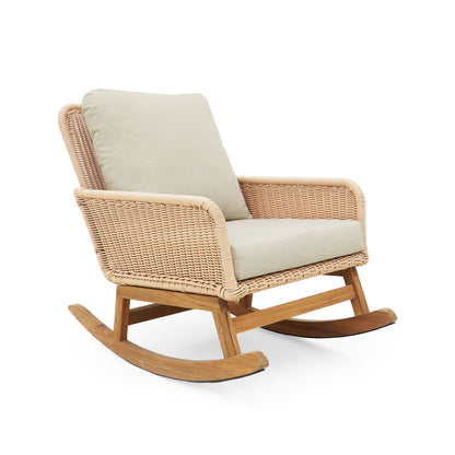 Modern 3 Piece Outdoor Seating Set With Cushioned Rattan Rocking Chairs And Wooden Accent Table Noble House
