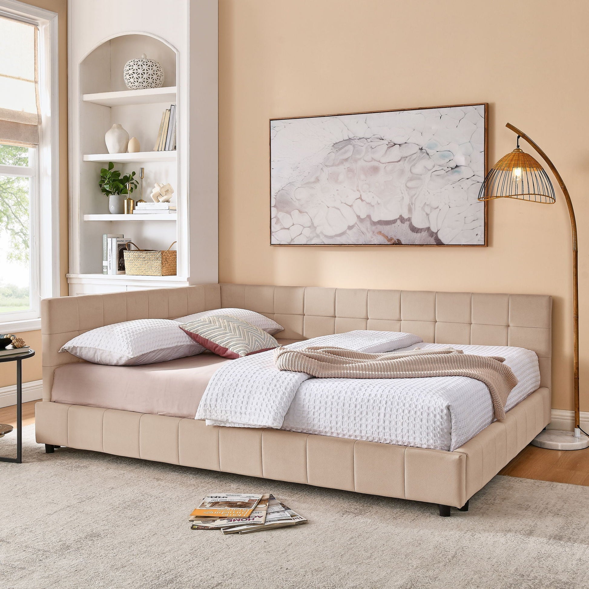 Mid-Century Storage Upholstered Tufted Bed Frame With Backrest And Armrests Home Essentials