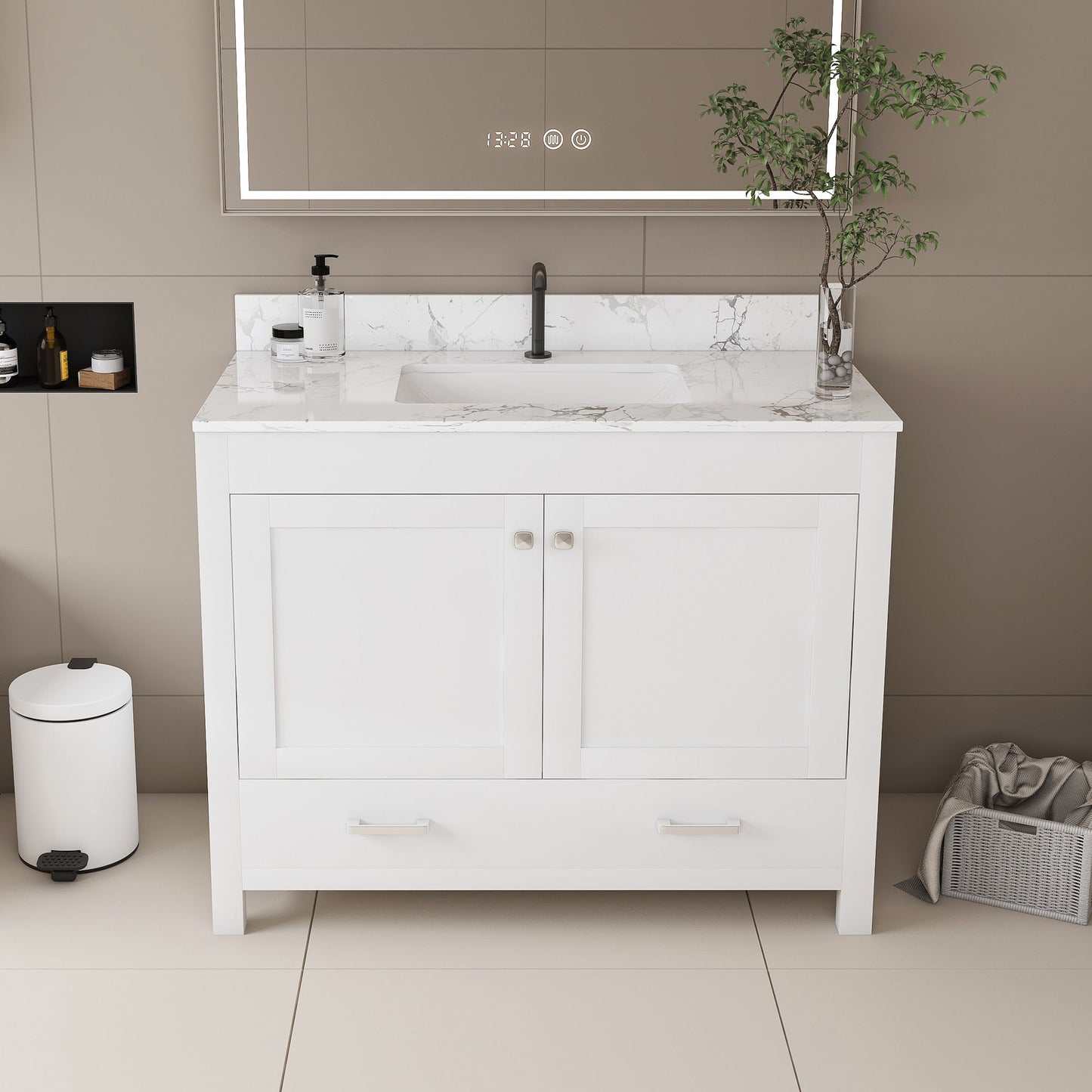 43" Bathroom Vanity With Artificial Marble Carrara Top Set, Multi Functional Cabinet With Doors And Drawer - White Home Essentials