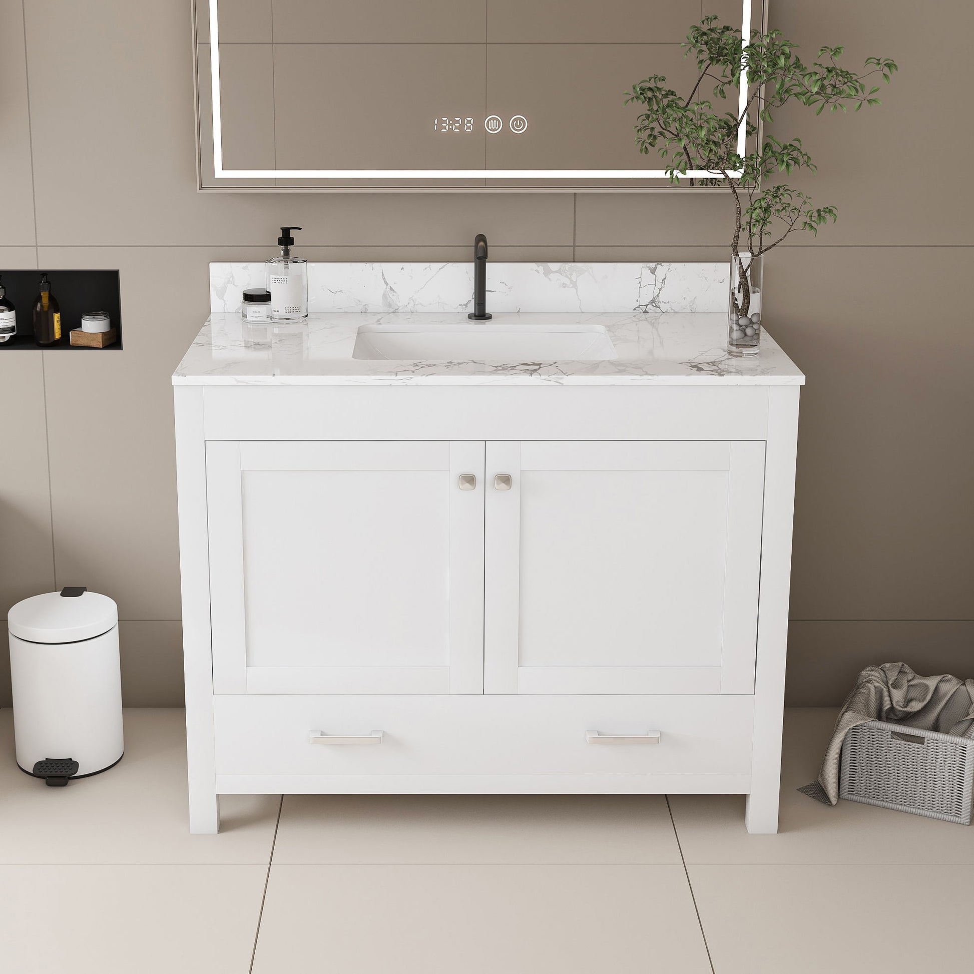 43" Bathroom Vanity With Artificial Marble Carrara Top Set, Multi Functional Cabinet With Doors And Drawer - White Home Essentials