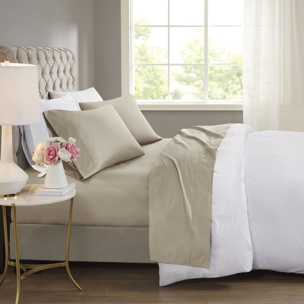 600 Thread Count - Cooling Cotton Blend 4 Piece King Sheet Set - Khaki Beautyrest