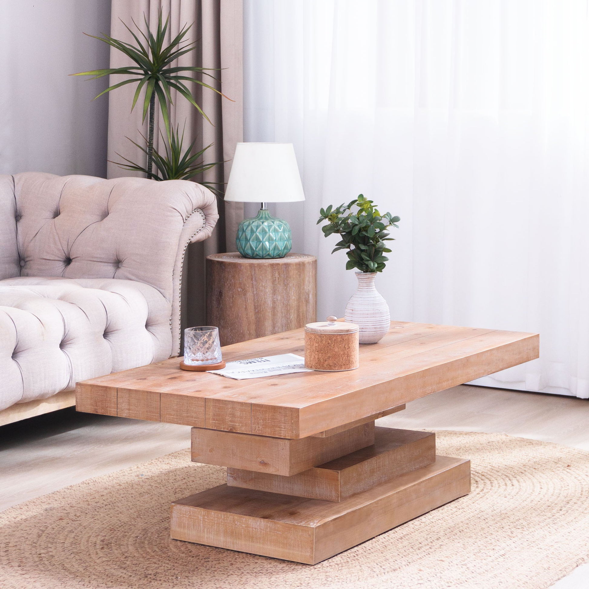 Modern Rustic Coffee Table, Rectangular Center Table For Living Room - Natural Wood Wash / Rustic Home Essentials