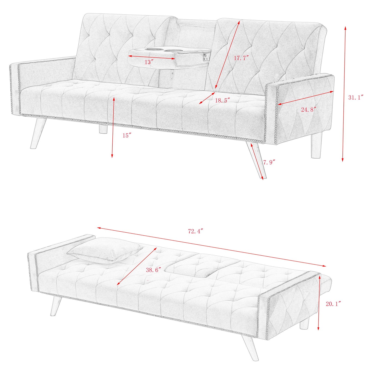Sofa Bed With Nail Head Trim And Cup Holders - Pink Home Essentials