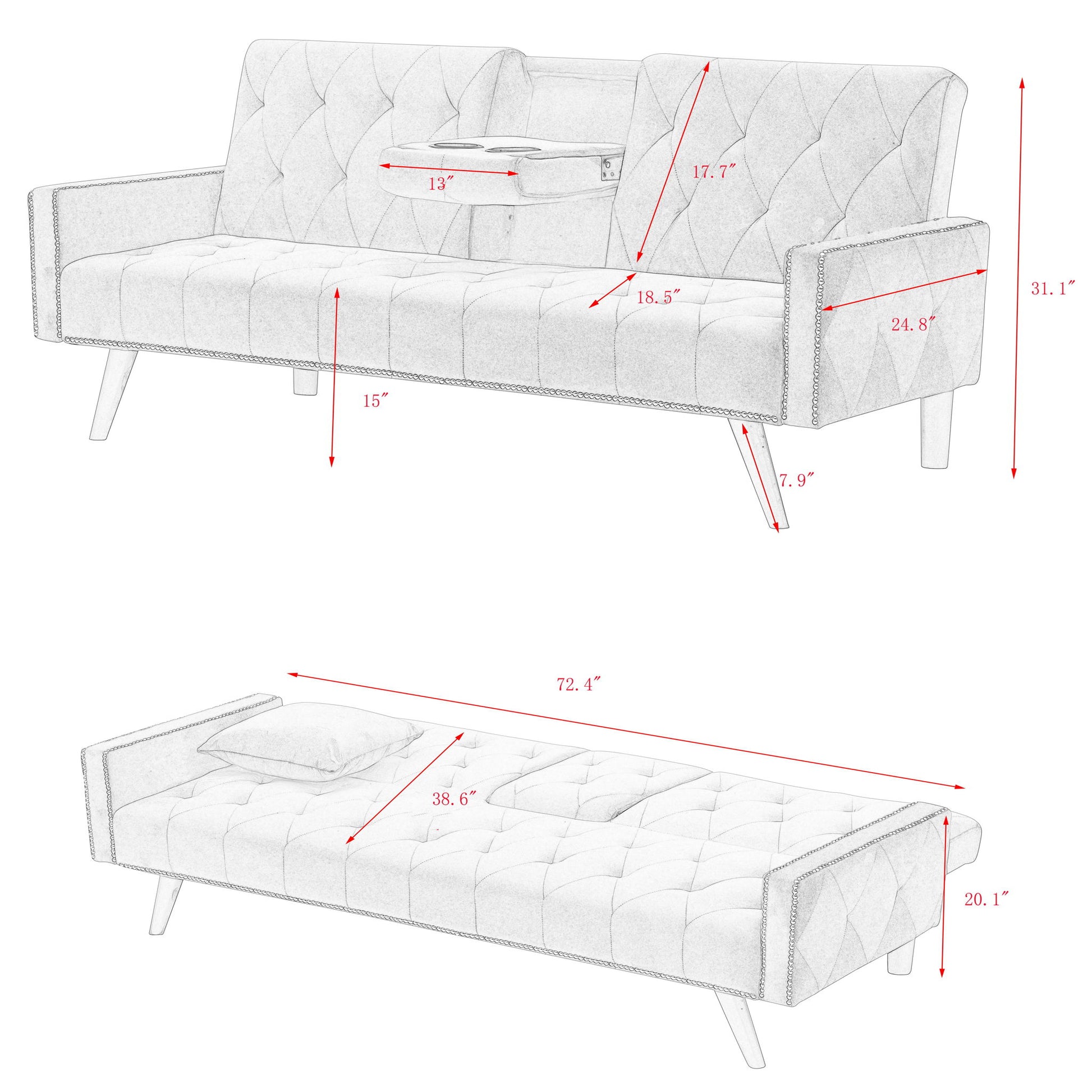 Sofa Bed With Nail Head Trim And Cup Holders - Pink Home Essentials