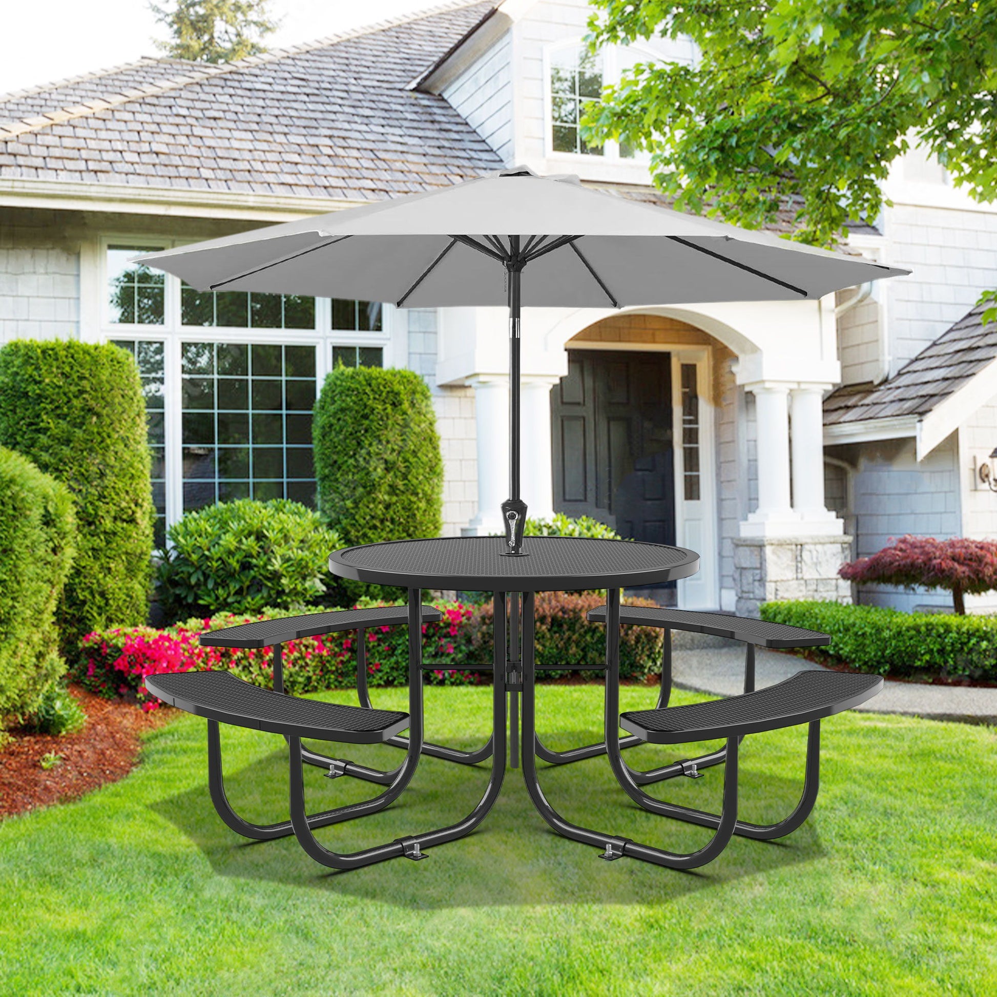 Round Outdoor Steel Picnic Table 46" With Umbrella Pole Home Essentials
