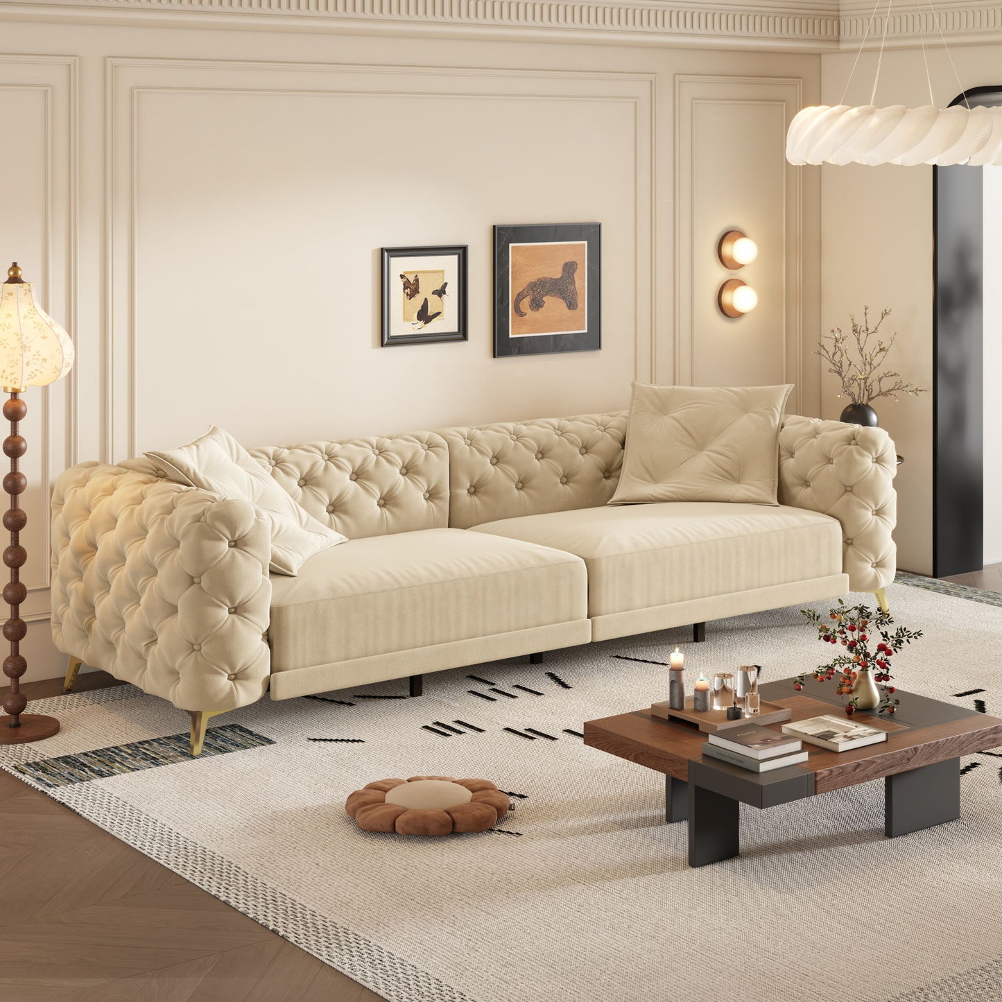 3 In 1 Convertible Sleeper Sofa, Pull Out Bed, Button Tufted, 4 Seater Couch With Movable Ottoman For Apartment - Apricot Home Essentials