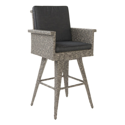 Outdoor Rattan Swivel Barstool With Water Resistant Cushion - Mixed Black / Dark Gray Noble House