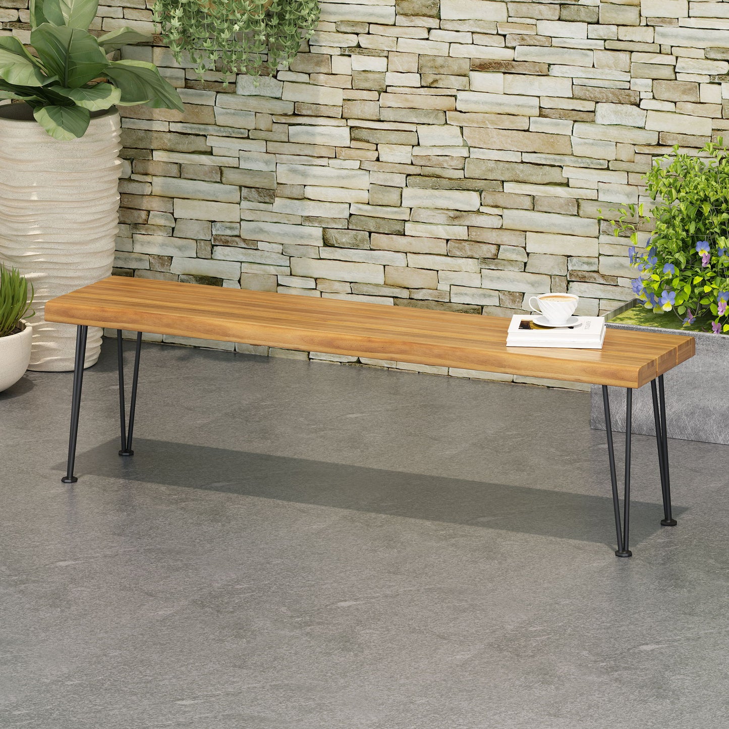Zion - Industrial Wood And Metal Rectangular Bench With Faux Live Edge Design - Teak Noble House