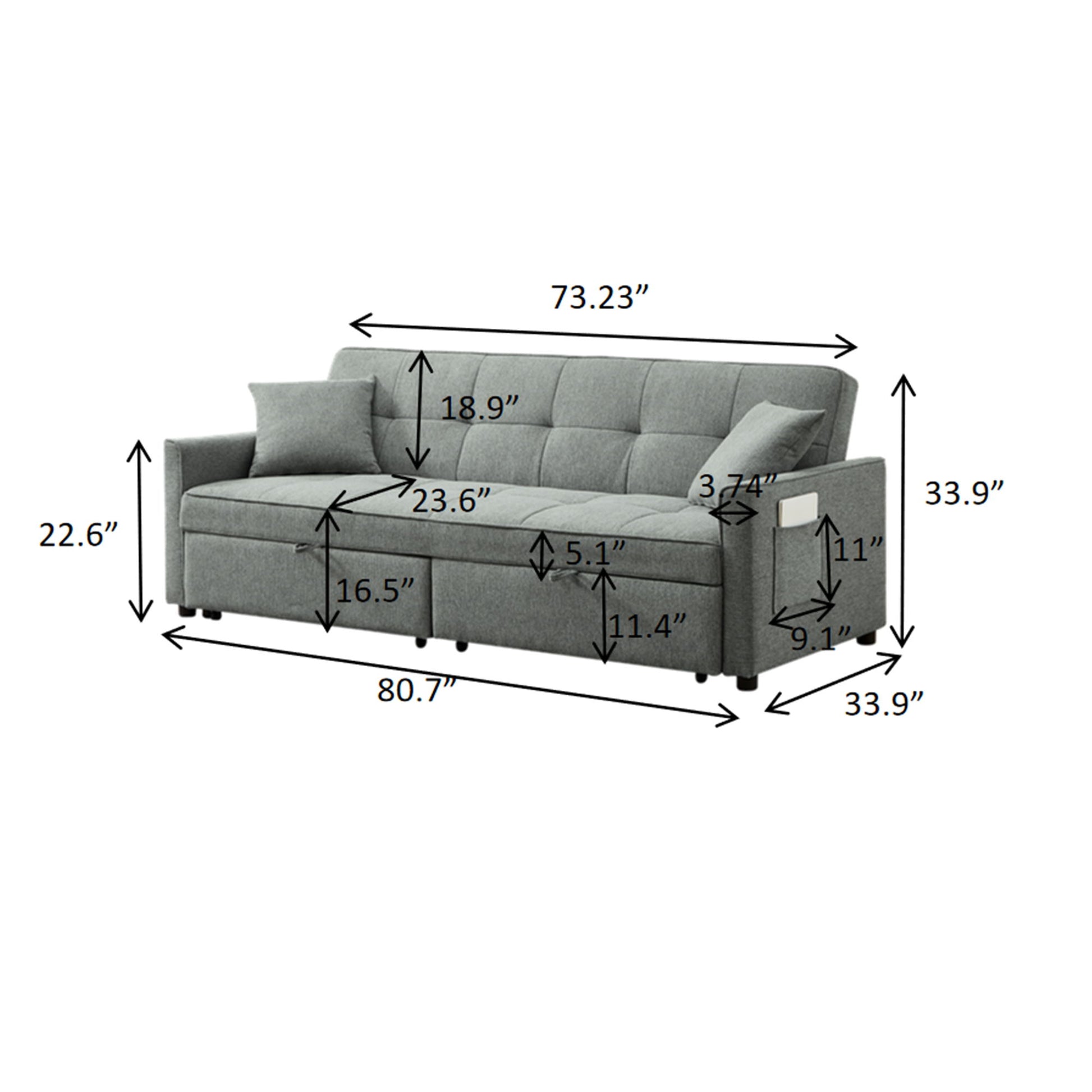 3 In 1 Convertible Sleeper Sofa Bed, Reclining Backrest, Pillows, Pockets Home Essentials