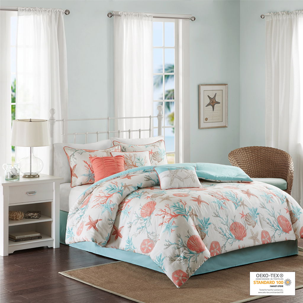 Pebble Beach - Queen 7 Piece Comforter Set - Coral