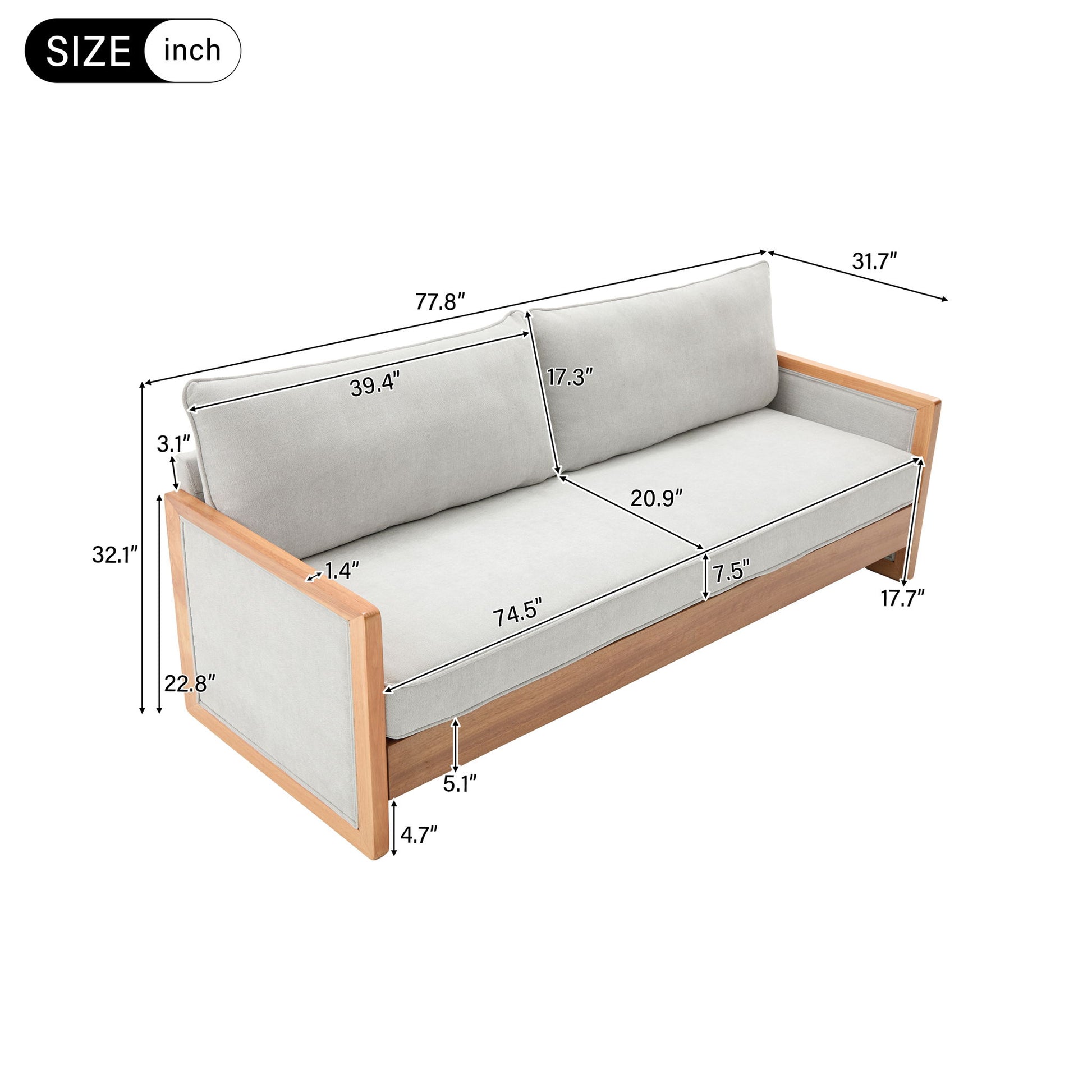 Modern 3 Seater Sofa With Wood Armrests Noble House