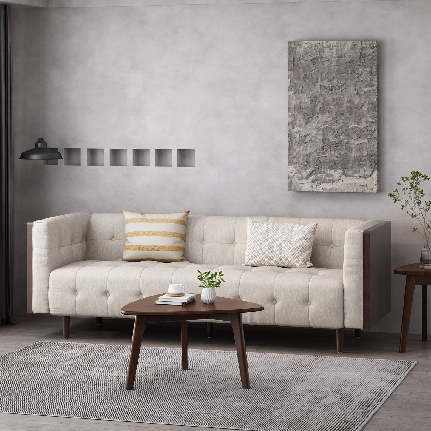 Contemporary Mid-Century Charm 3 Seater Sofa With Button Tufted Waffle Stitching Noble House