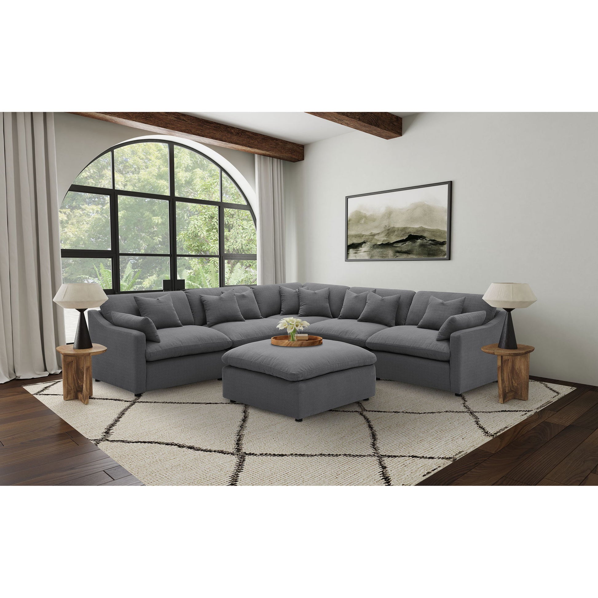 6 Piece Upholstered Modular Sectional Sofa With Reversible Cushions And Ottoman - Charcoal Furniture Max