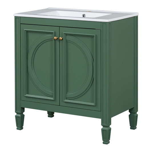 30" Bathroom Vanity With Sink, 2 Doors With Shelf, Soft Close Door Hinges, Vintage Style - Green Noble House