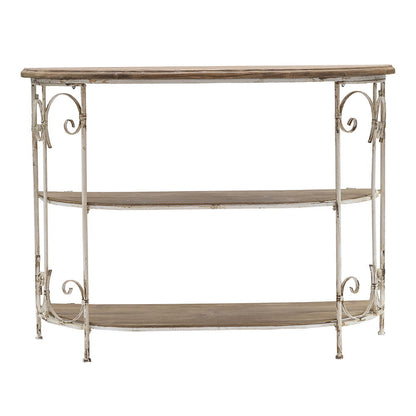 3 Tiered Wooden Shelving Unit With Ornate Iron Frame - Multicolor Home Essentials