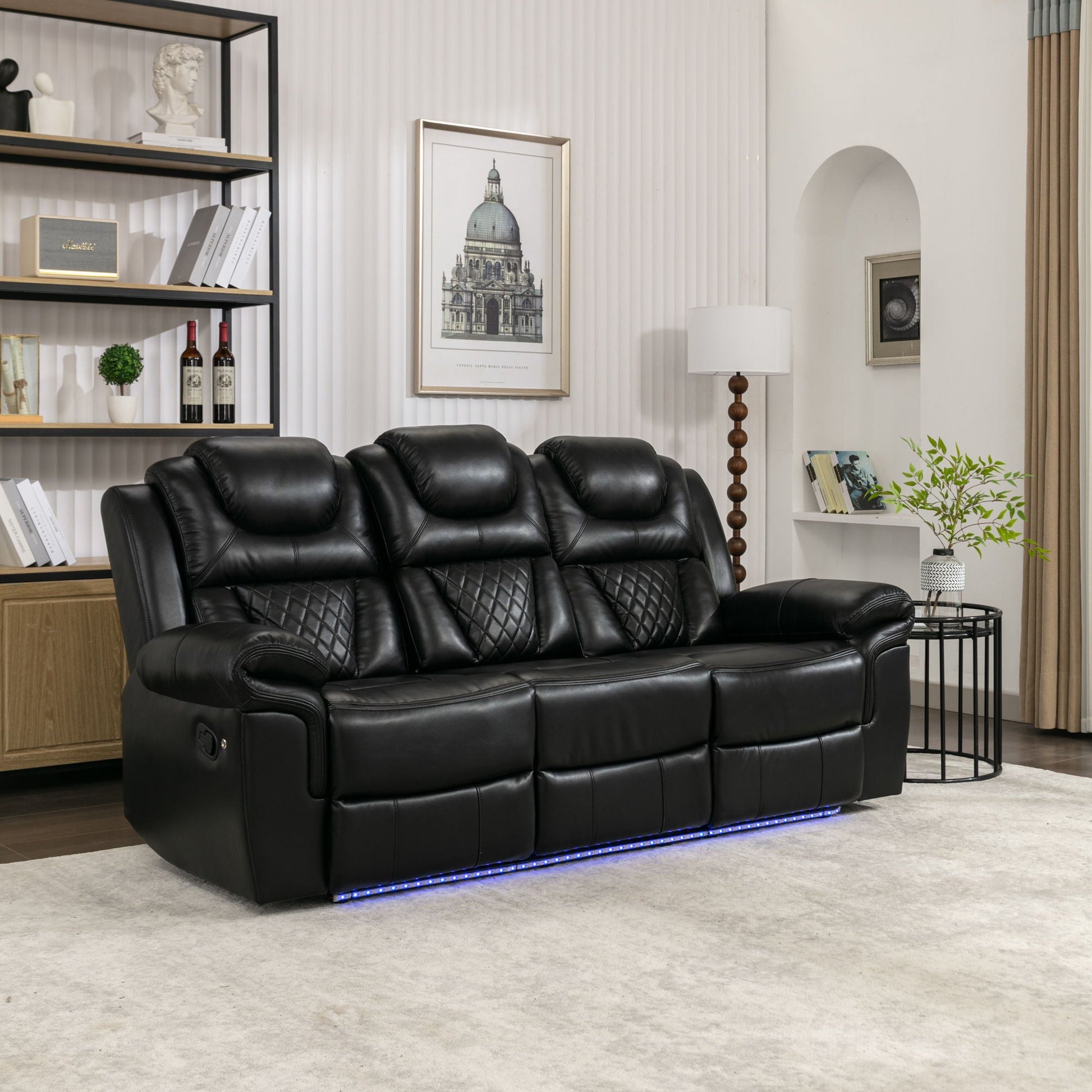 Home Theater Seating Manual Recliner Chair With Center Console And Led Light Strip For Living Room Hearth and Haven