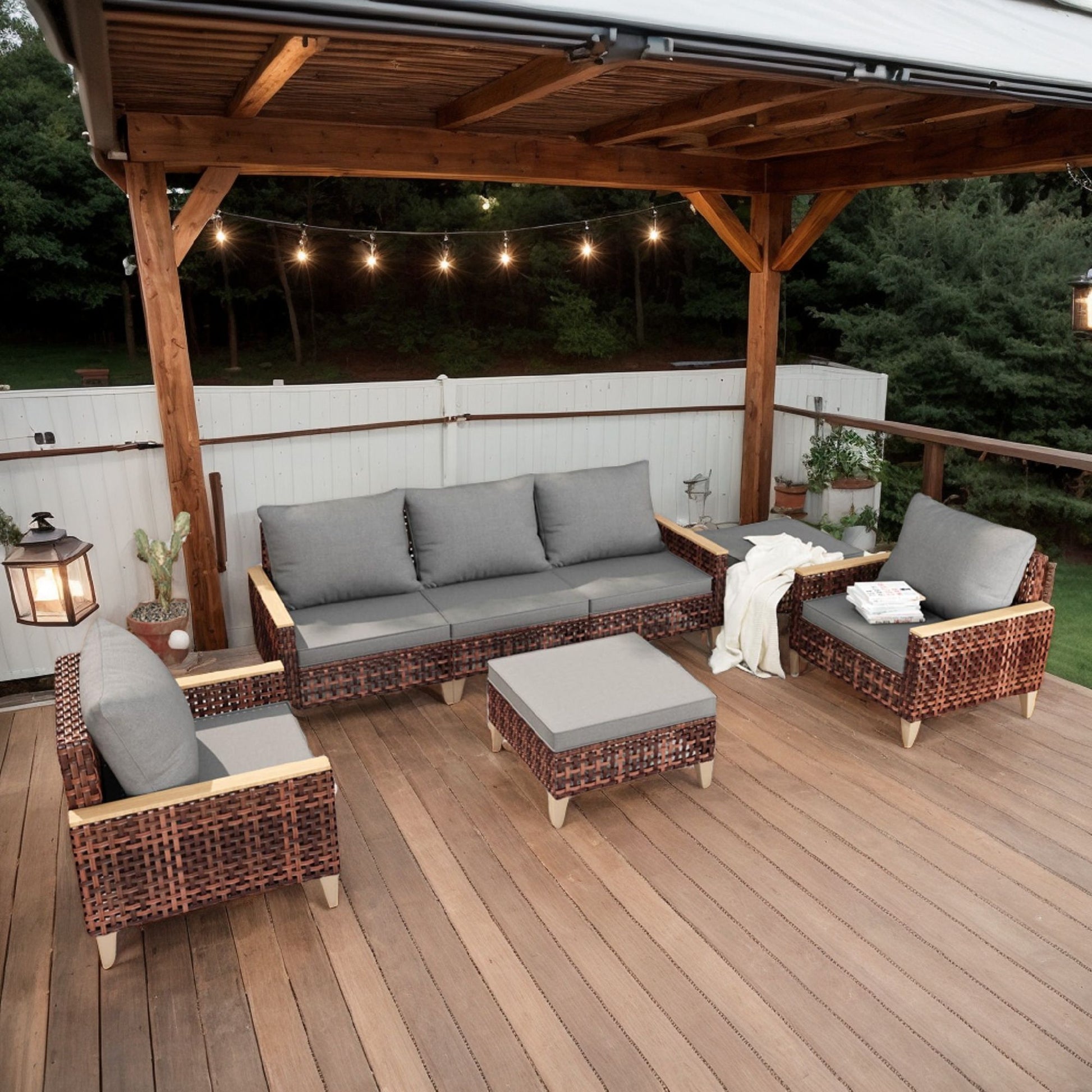 5 Piece Rattan Terrace Furniture Set, 7 Seats Cushions, High Footed Design Home Essentials