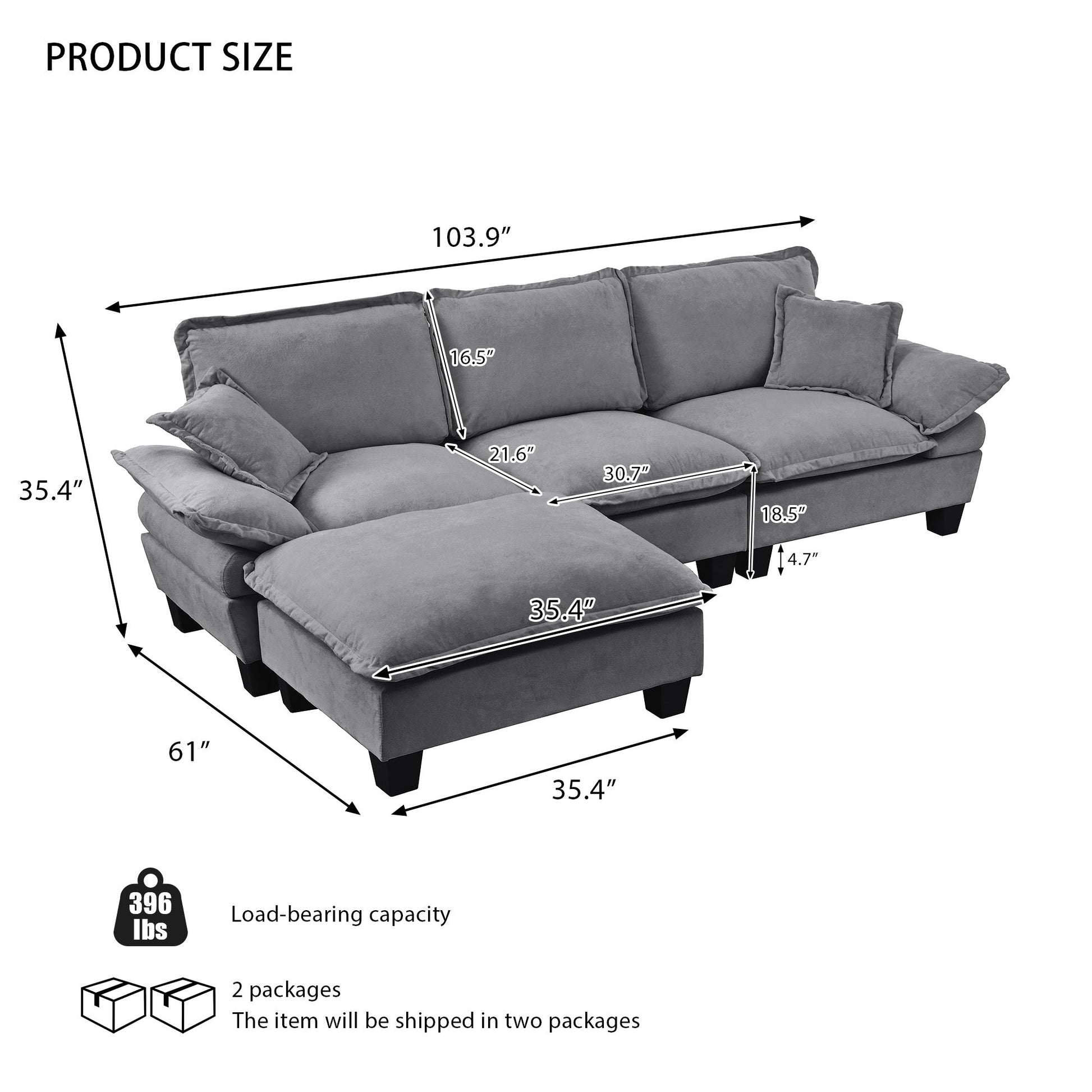 Modular Sectional Sofa With Movable Ottoman & Pillows Home Essentials