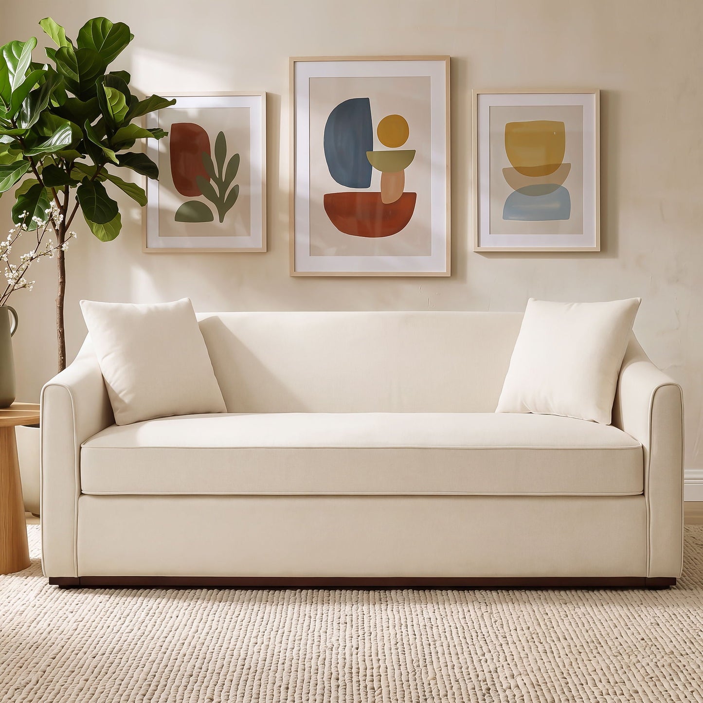3 Seater Sofa With Wrap Around Armrests And Throw Pillows, For Living Room - Oatmeal Noble House