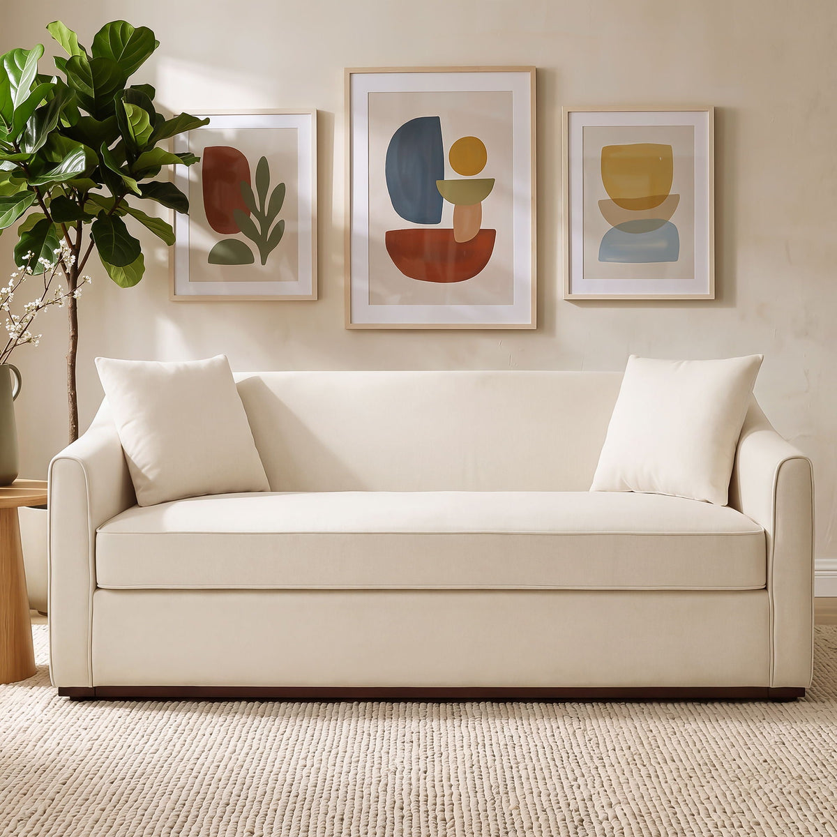 3 Seater Sofa With Wrap Around Armrests And Throw Pillows, For Living Room - Oatmeal Noble House