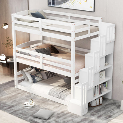 Twin Size Triple Bunk Bed With Storage Staircase, Separate Design - White Hearth and Haven
