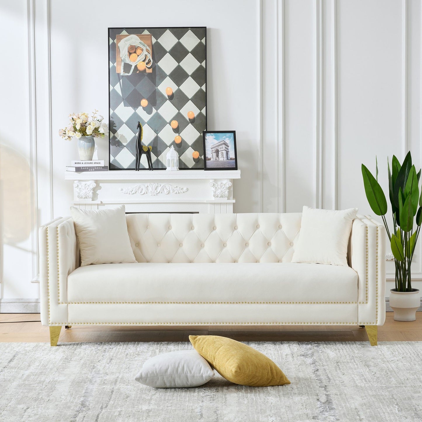 3 Seater Deep Seat Sofa, Sofa With Button Nailhead, Square Arm Home Essentials