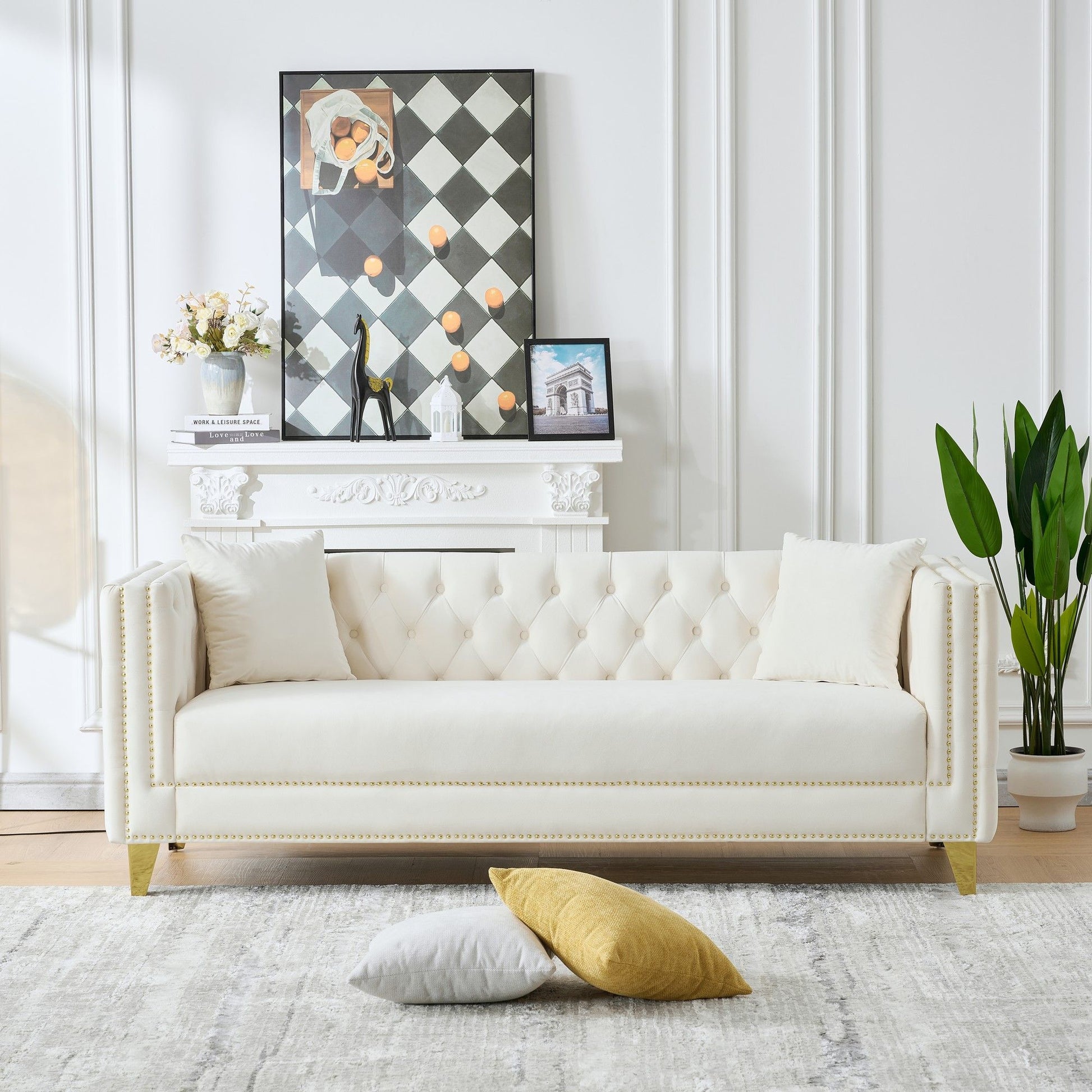 3 Seater Deep Seat Sofa, Sofa With Button Nailhead, Square Arm Home Essentials