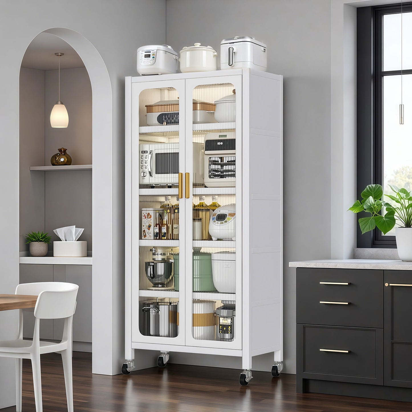 6 Tier Storage Cabinet With Transparent Door, Adjustable Shelves & Wheels Home Essentials