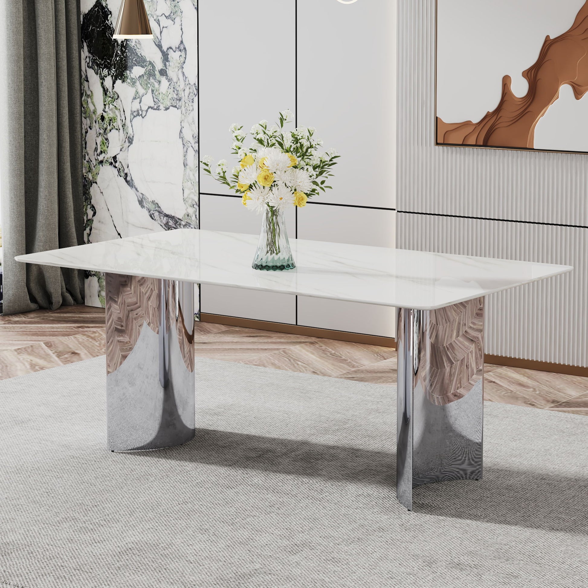 Modern Minimalist Dining Table With Imitation Marble Glass Desktop And Metal Legs Home Essentials