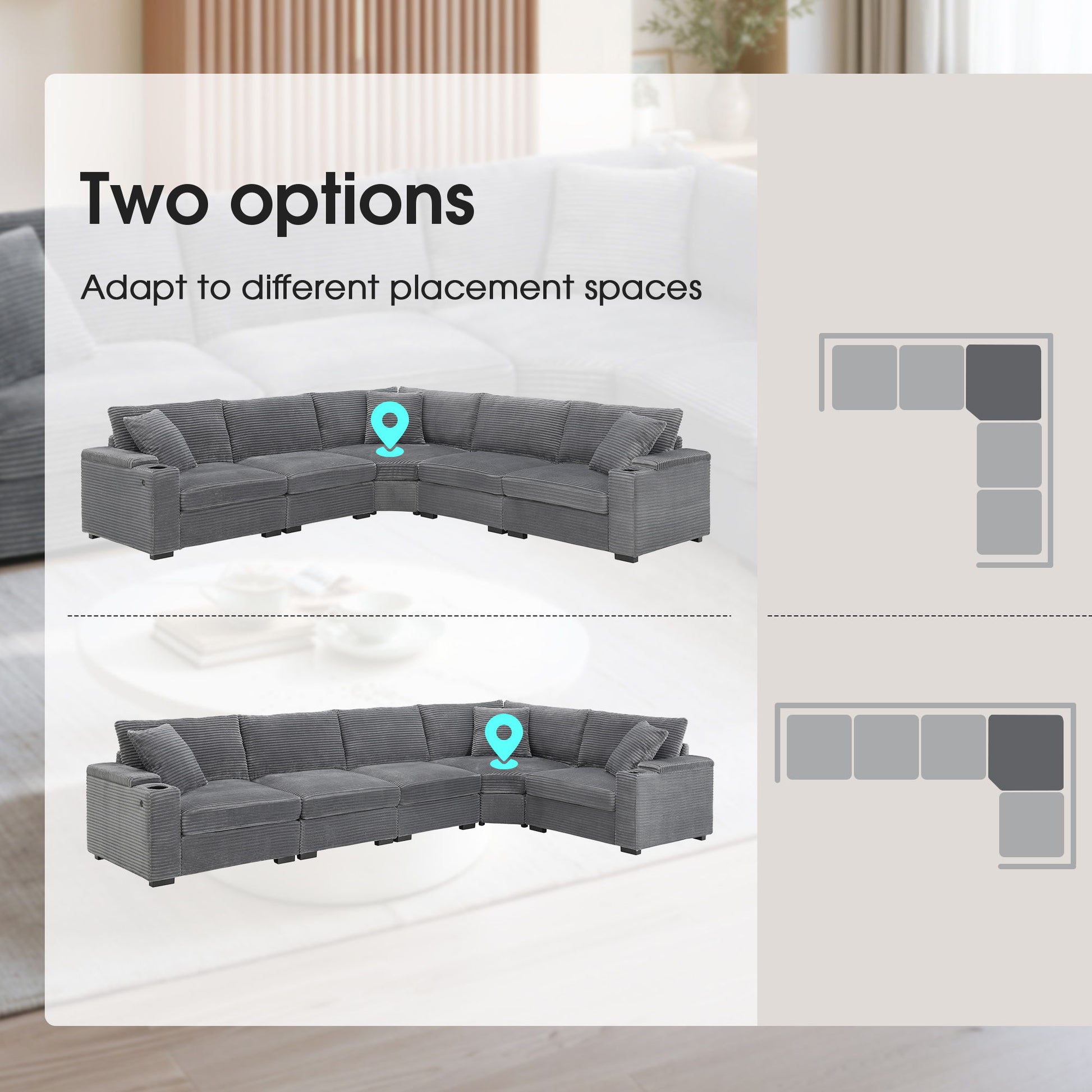 Convertible L Shaped Sectional Corner Couch With Armrest Storage Cup Holders USB Charger, Irregular Corner Oversized Comfy Modular Sofa Luxe & Co.
