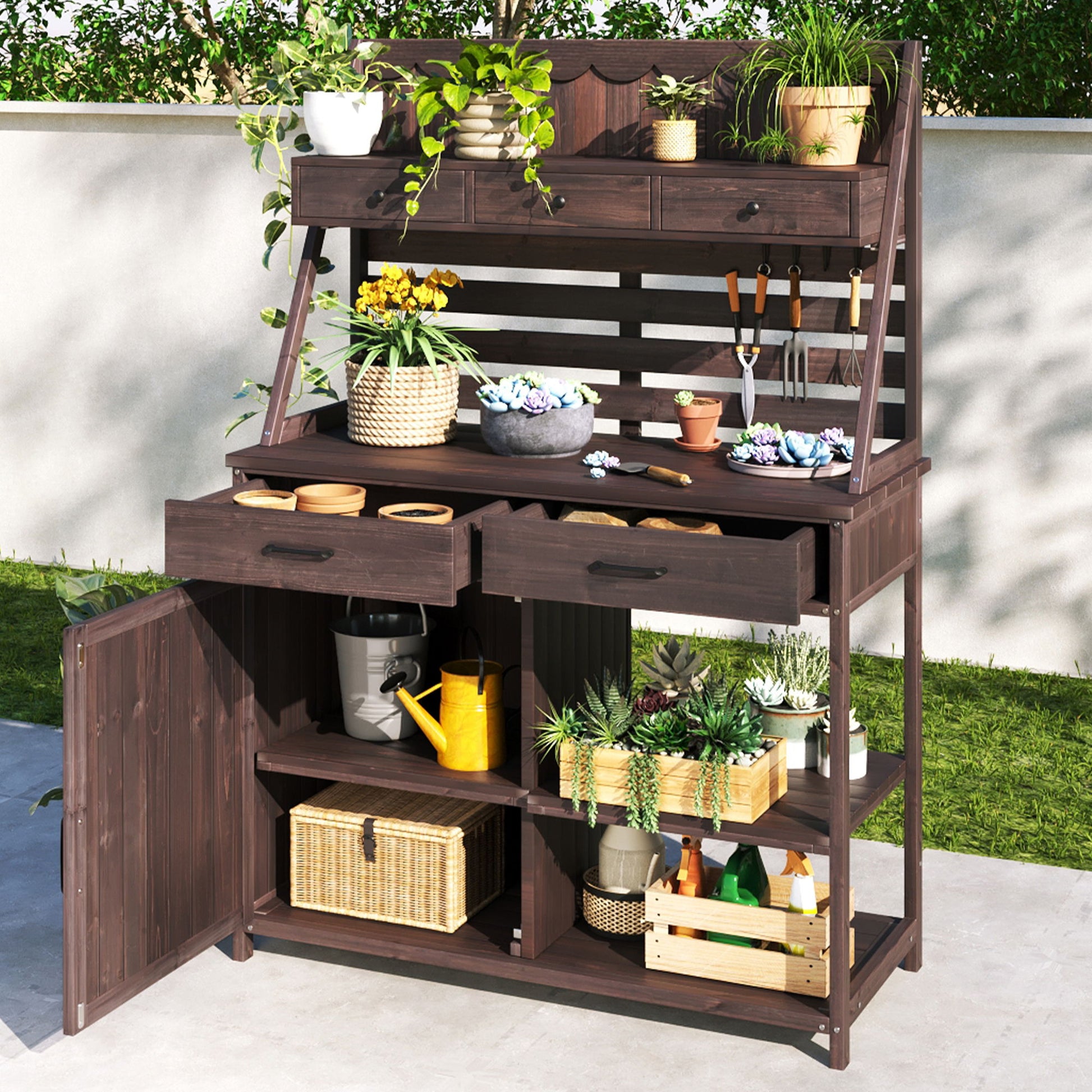 Potting Bench With 5 Drawer Storage And Slatted Back Panel, Garden Workstation - Brown Noble House