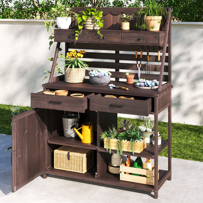 Potting Bench With 5 Drawer Storage And Slatted Back Panel, Garden Workstation - Brown Noble House