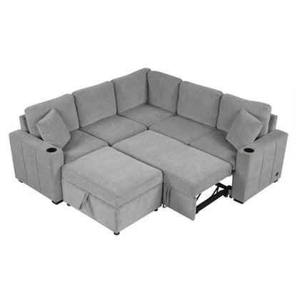 Sectional Sofa Convertible Pull-Out Sofa Bed With A Movable Storage Ottoman For Living Room Hearth and Haven