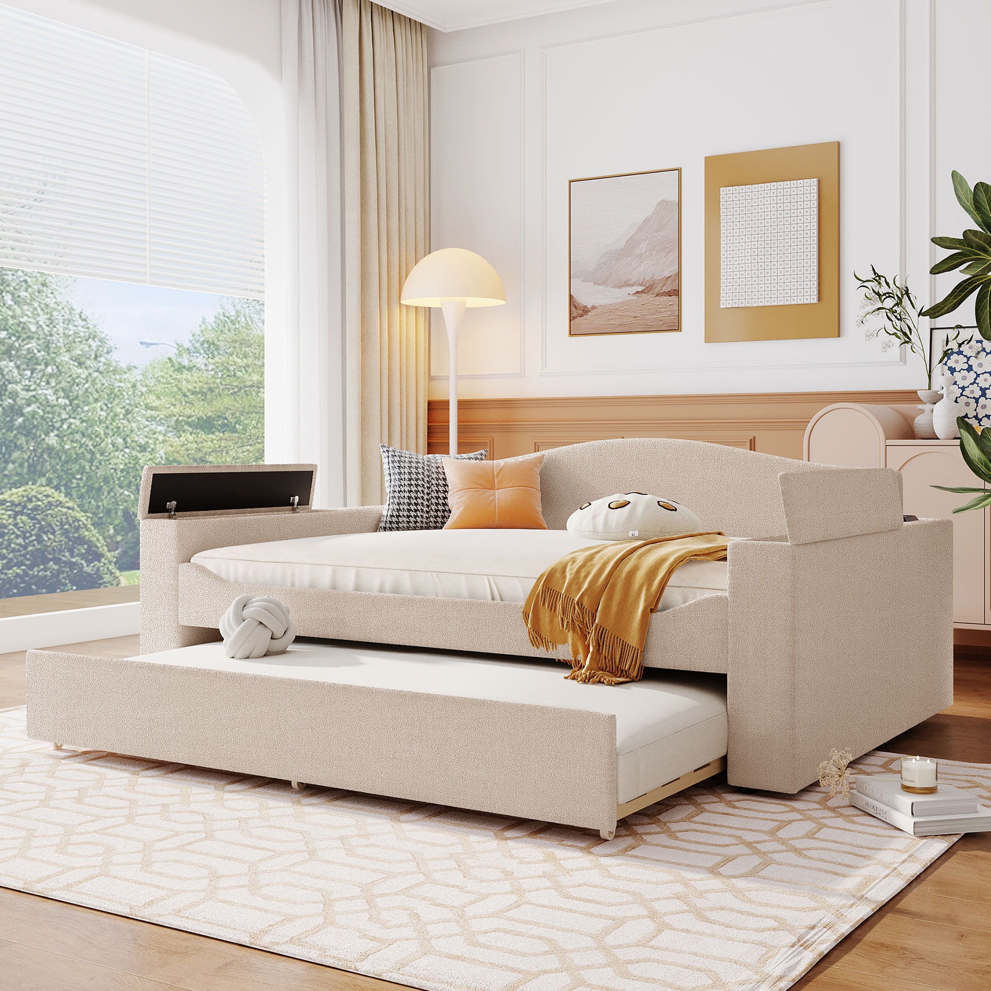 Upholstered Daybed With Storage Armrests, Trundle And Latest Integrated Bluetooth Audio System Halcyon Home