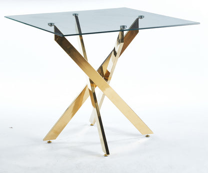 Dining Table With Cross Metal Leg And Tempered Glass, Modern Space Saving Kitchen Table For Living Room Legs, Square Table