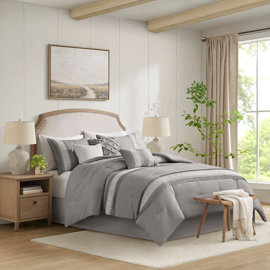Lacey - 7 Piece Lace Trim Comforter Set With Throw Pillows - Gray Madison Park