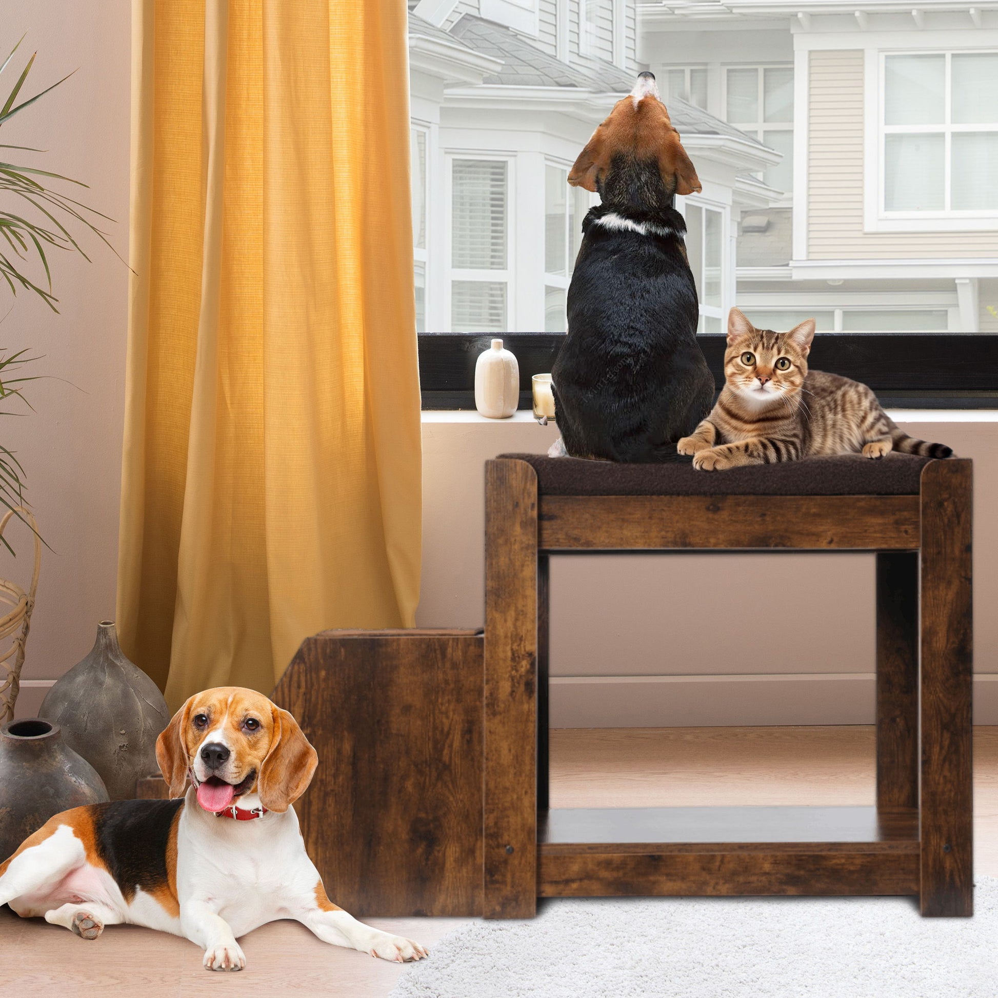 Pet Bunk Bed With Removable Step For Dogs And Cats, Multi-Level Bed Window Perch Seat Platform With Cushion And Cat Scratch Pad, Indoor Use - Dark Brown Daily Nest