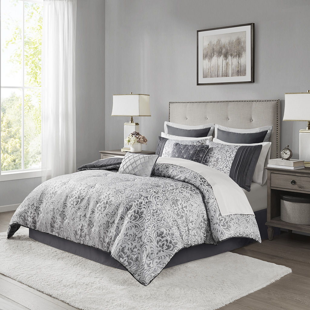 Emilia - 12 Piece Jacquard Comforter Set With Bed Sheets - Pearl Silver