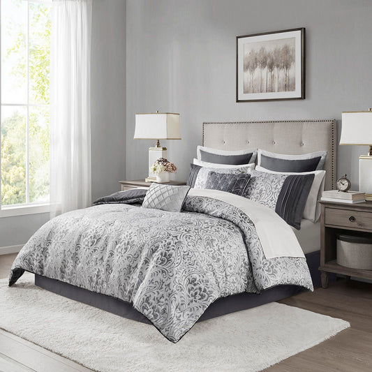 Emilia - 12 Piece Jacquard Comforter Set With Bed Sheets - Pearl Silver