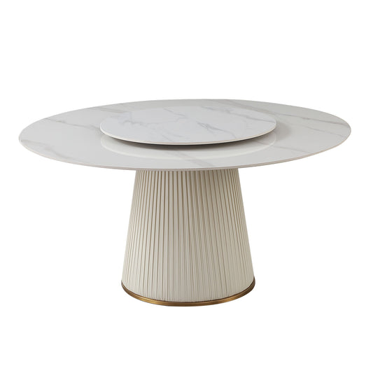 Modern Sintered Stone Dining Table With Round Turntable, Wood And Metal Pedestal, 8 Chairs - White Home Essentials