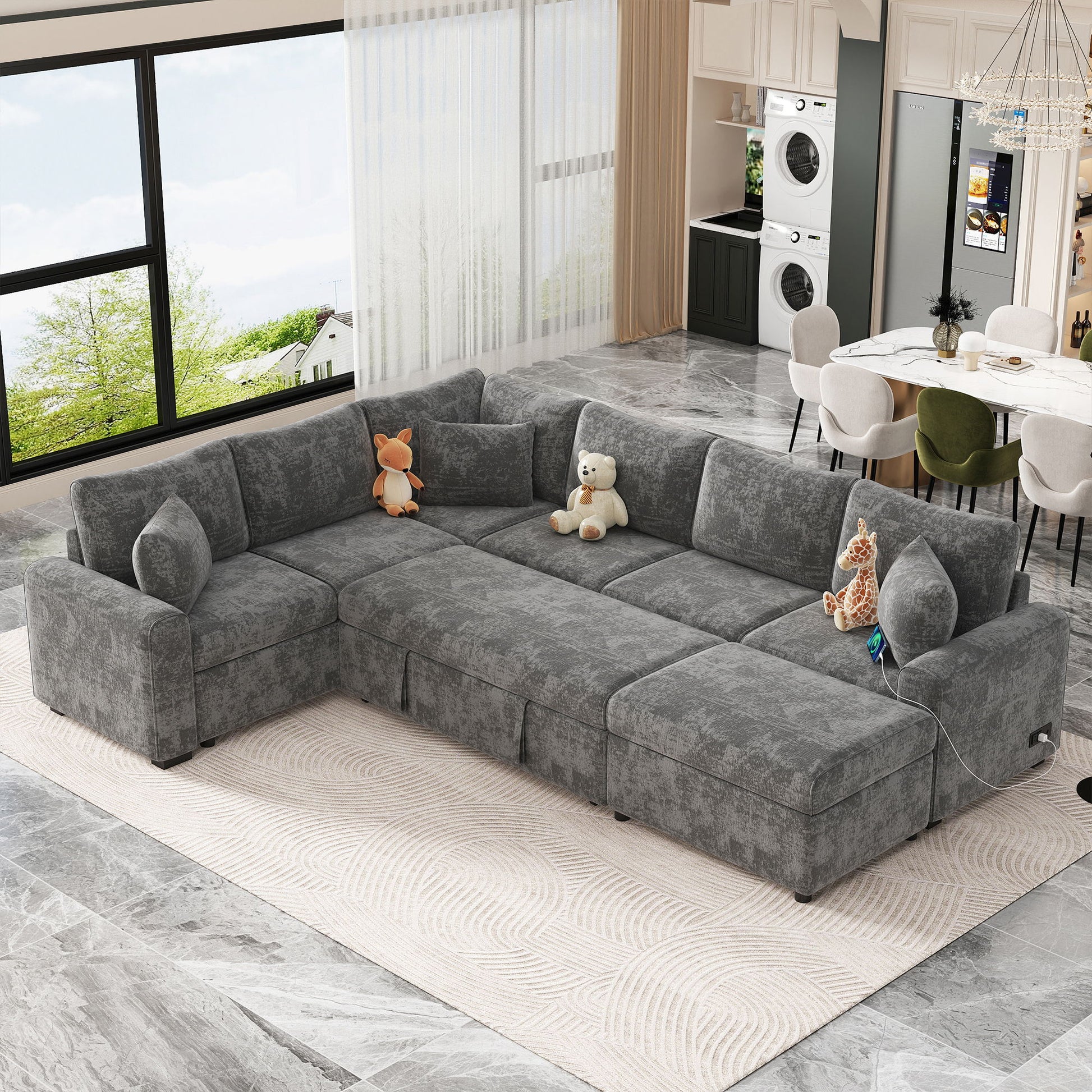 Sectional Sofa Pull-Out Sofa Bed Sleeper With A Storage Ottoman, Three Pillows And Charging Devices For Living Room Hearth and Haven