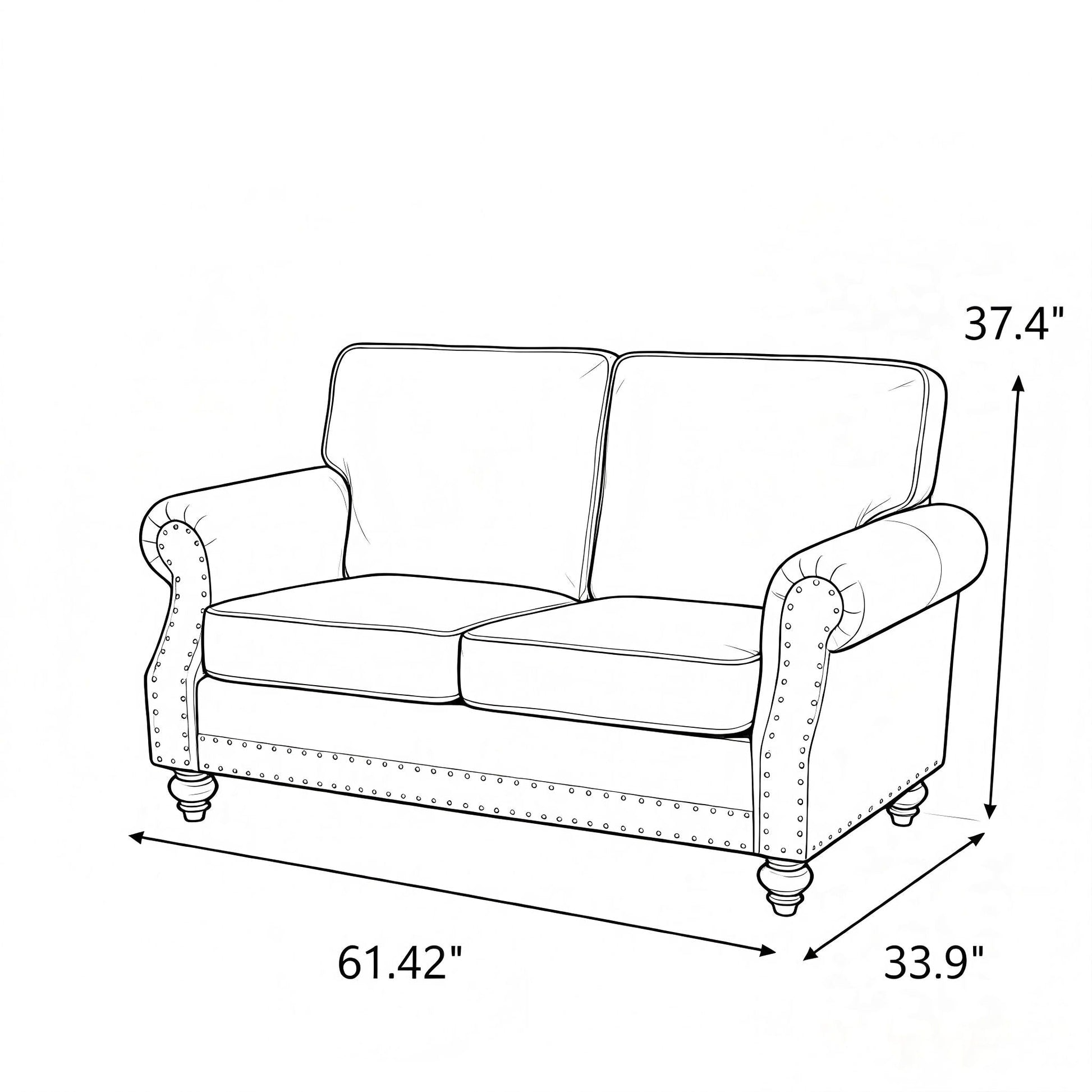 Loveseat Sofa With Nailhead Detail & Turned Legs, 2 Seater Upholstered Couch US Pride