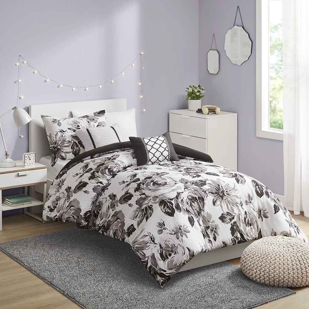 Dorsey - Twin Floral Print Comforter Set - Black / White Intelligent Design
